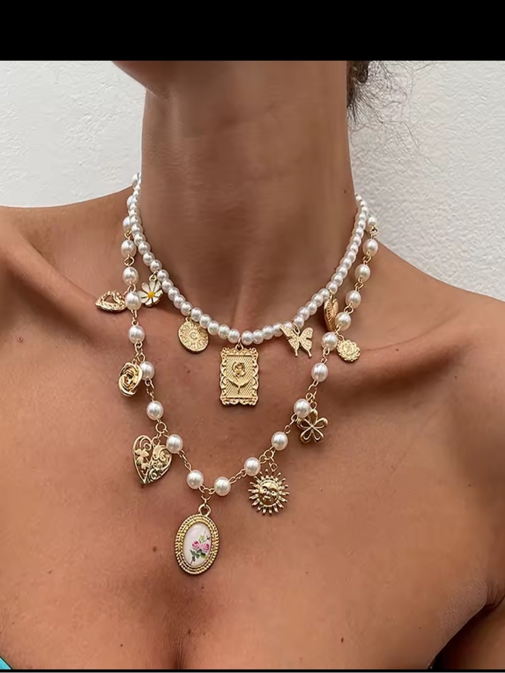 Anthropologie Gold & White Pearl Layered Charm Necklace